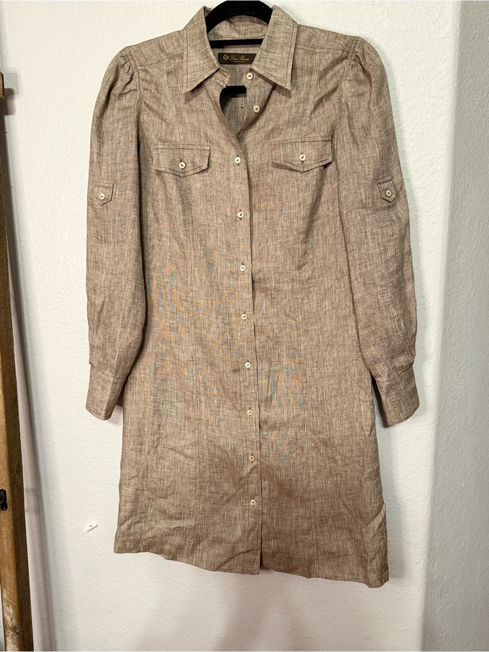Loro Piana Taupe Linen-Blend Long-Sleeve Shirt Dress